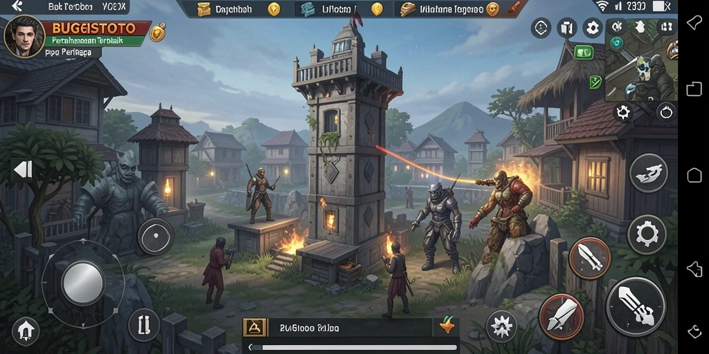 Screenshot dari gameplay BUGISTOTO menampilkan menara yang siap melawan musuh.