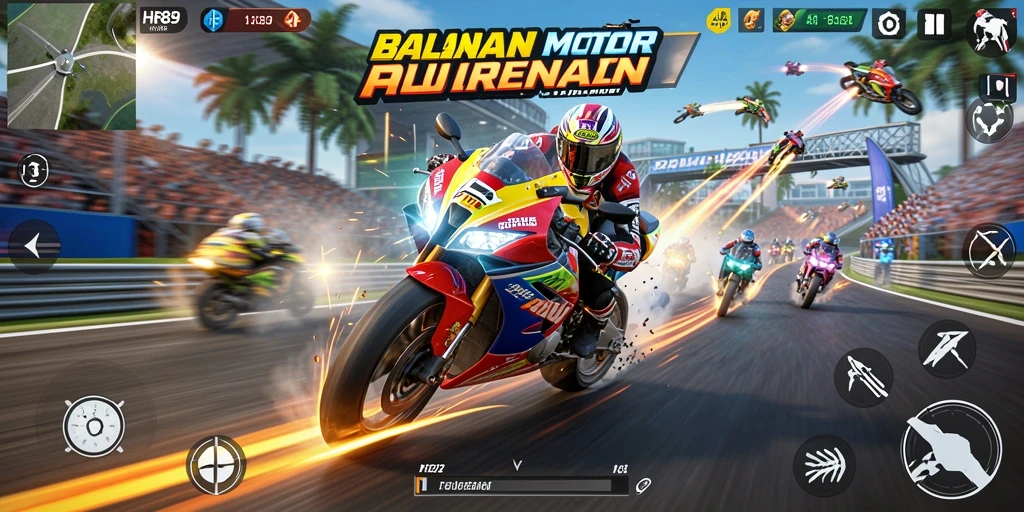 Tampilan gameplay HR89 yang penuh aksi balapan motor.