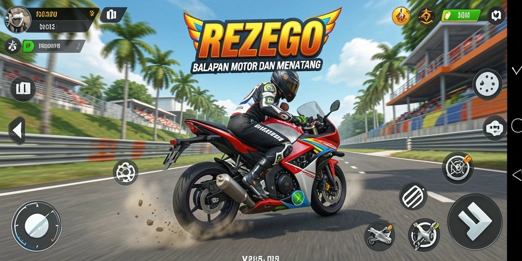 Tangkapan layar gameplay REZEGO yang menampilkan aksi balapan motor yang mendebarkan.