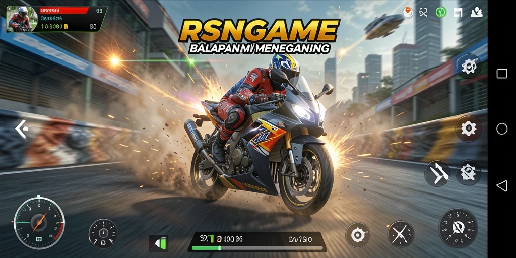 Screenshot utama RSNGAME menampilkan aksi balapan motor yang dramatis.